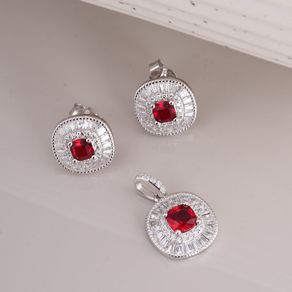 Red Crystal Halo 925 Sterling Silver Pendant Earring Set