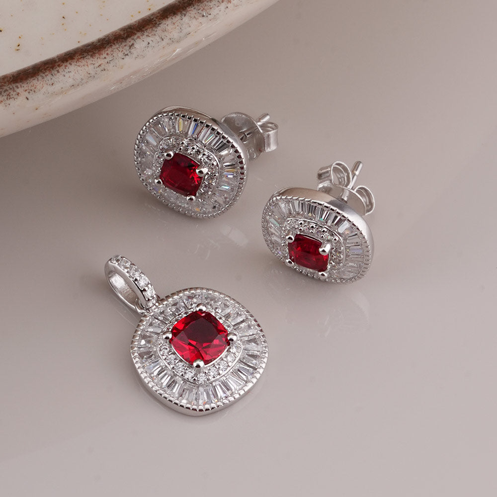 Red Crystal Halo 925 Sterling Silver Pendant Earring Set