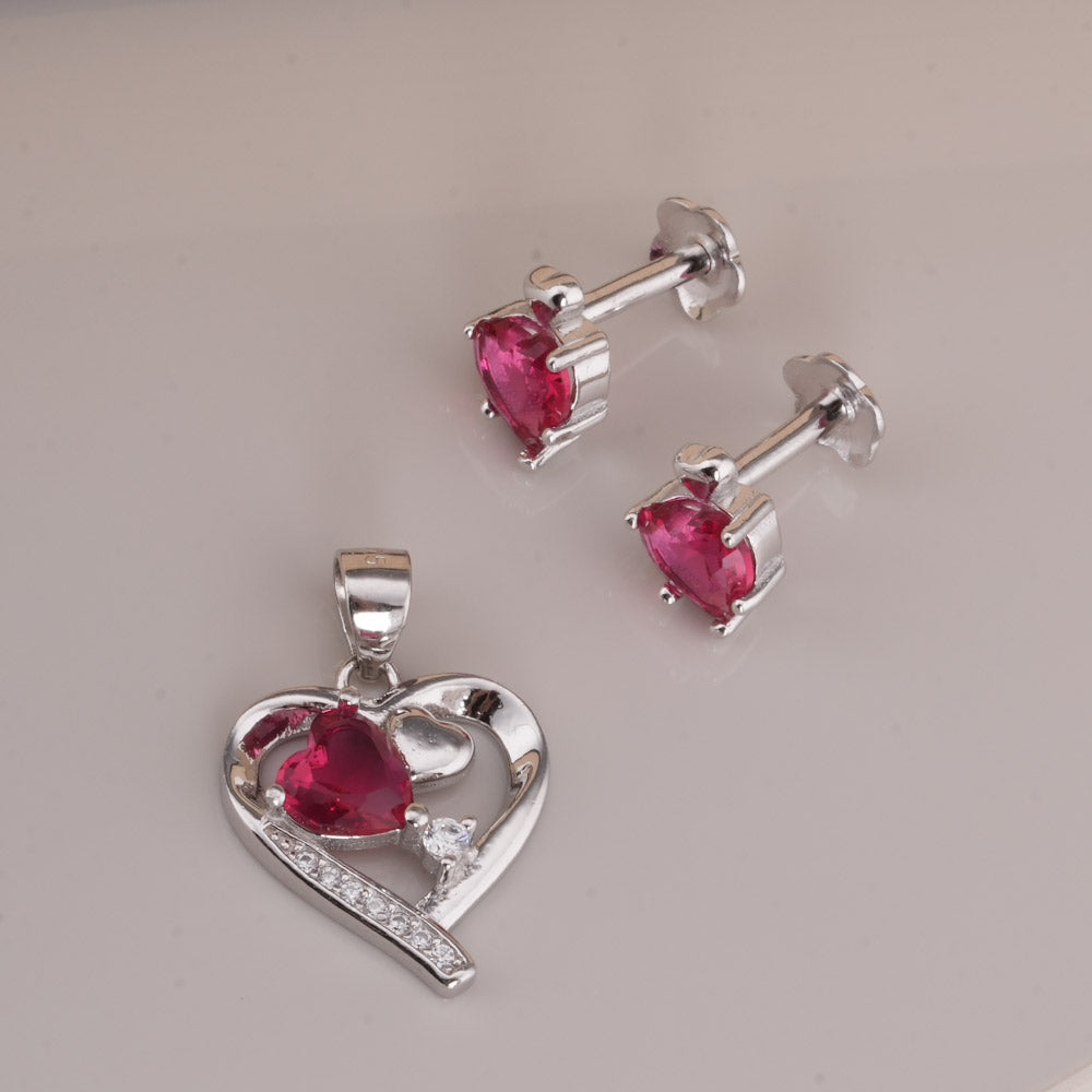 Red Heart 925 Sterling Silver Pendant Earrings Set