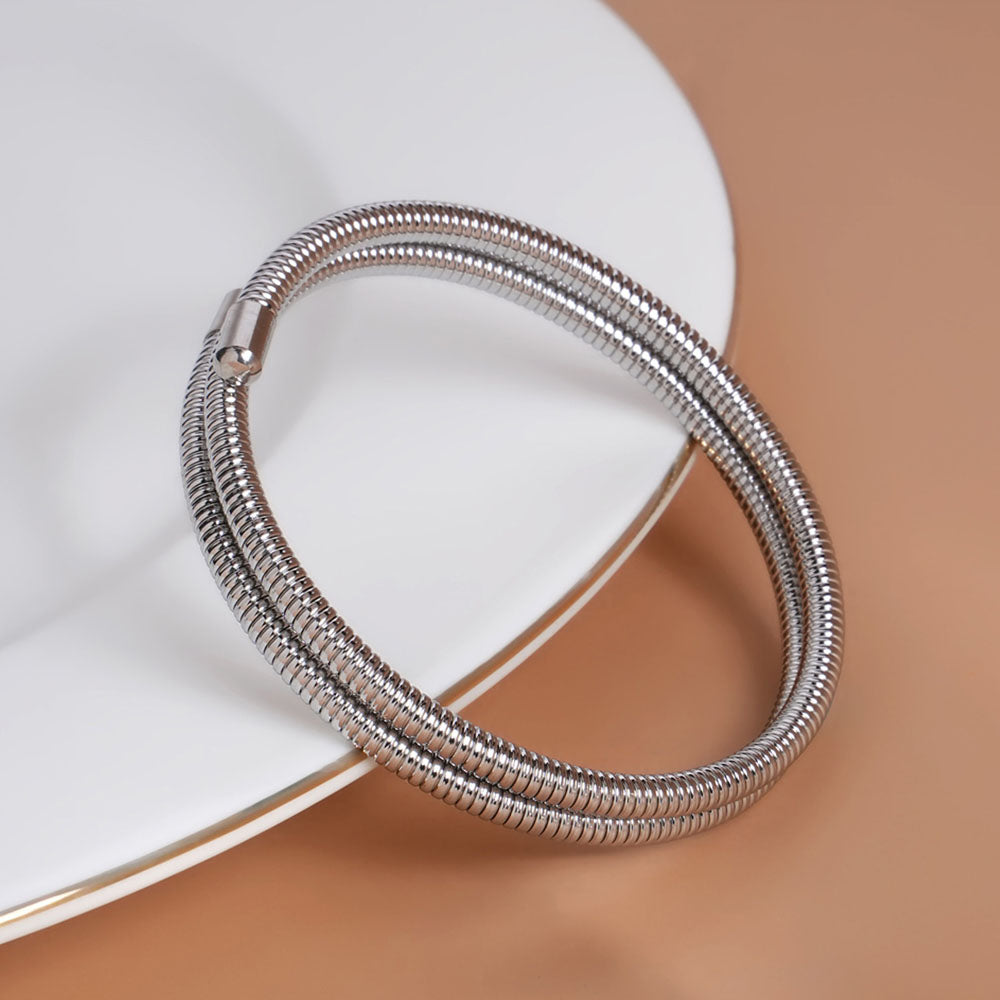 Ribbed Silver Coiled Bangle Bracelet