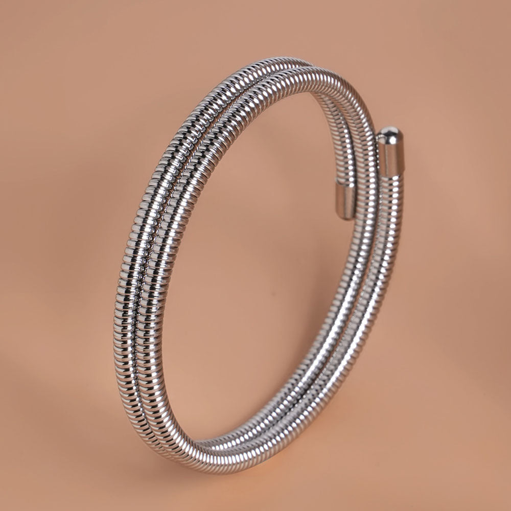 Ribbed Silver Coiled Bangle Bracelet