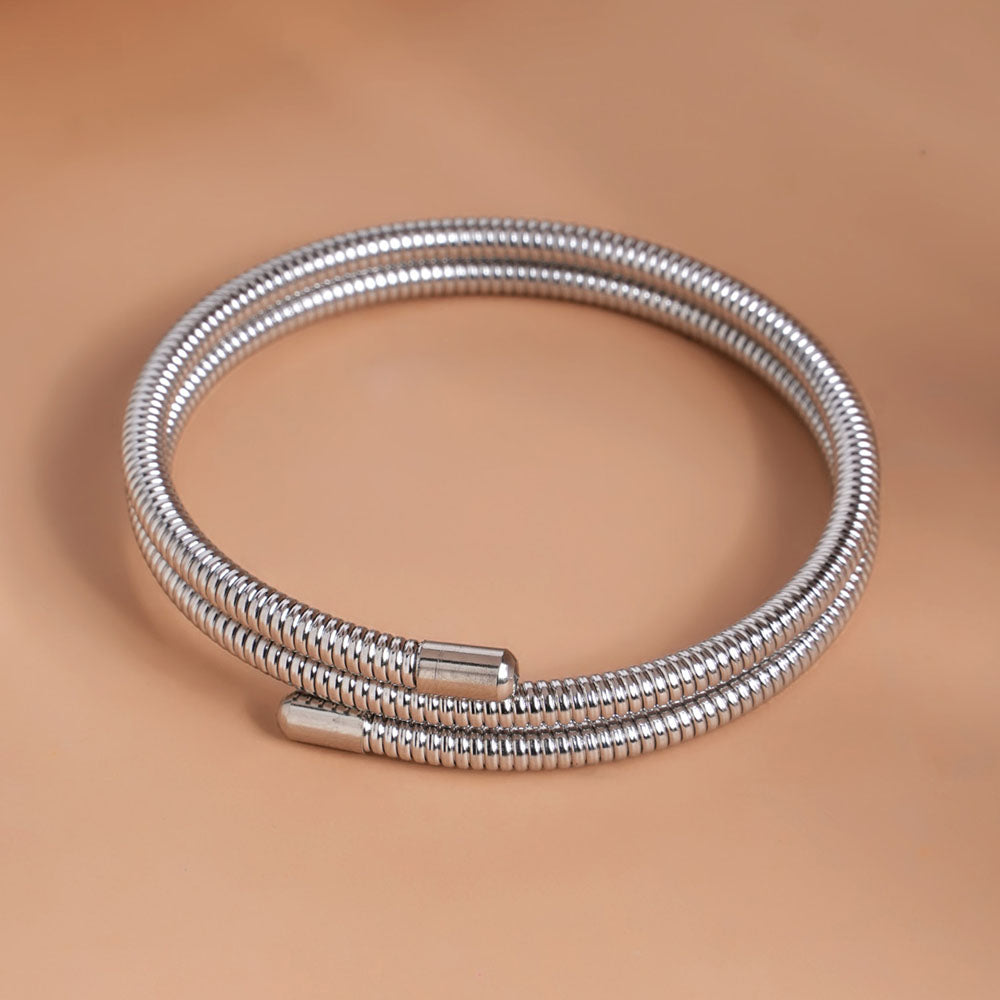 Ribbed Silver Coiled Bangle Bracelet