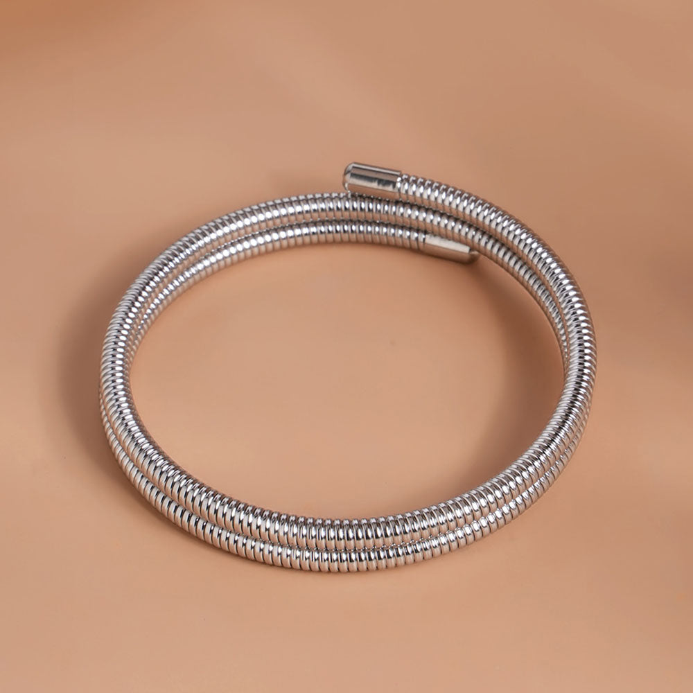 Ribbed Silver Coiled Bangle Bracelet