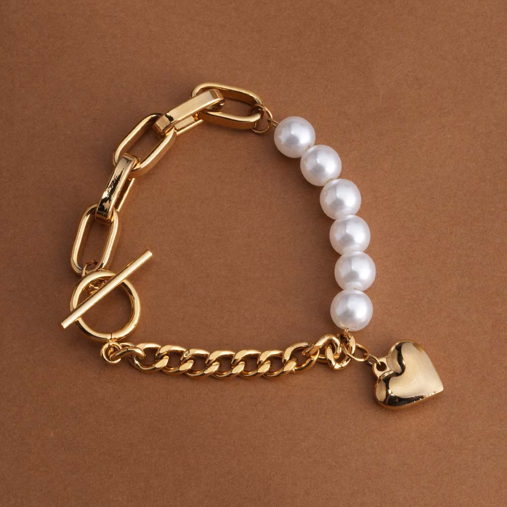 Pearl & Chain Link Heart Bracelet