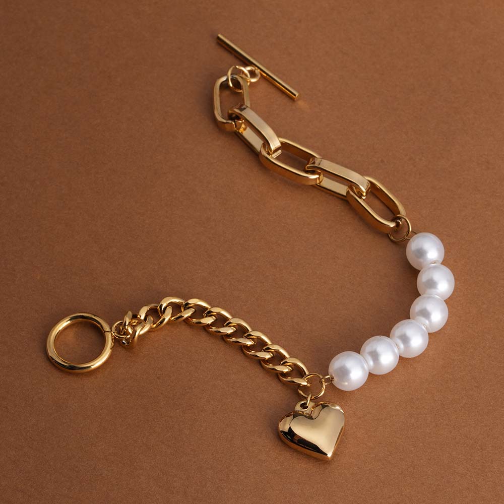 Pearl & Chain Link Heart Bracelet