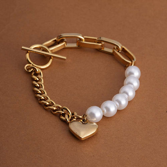 Pearl & Chain Link Heart Bracelet