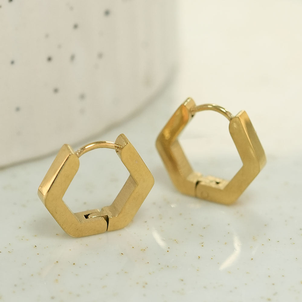Gold Hexagon Huggie Hoop Earrings