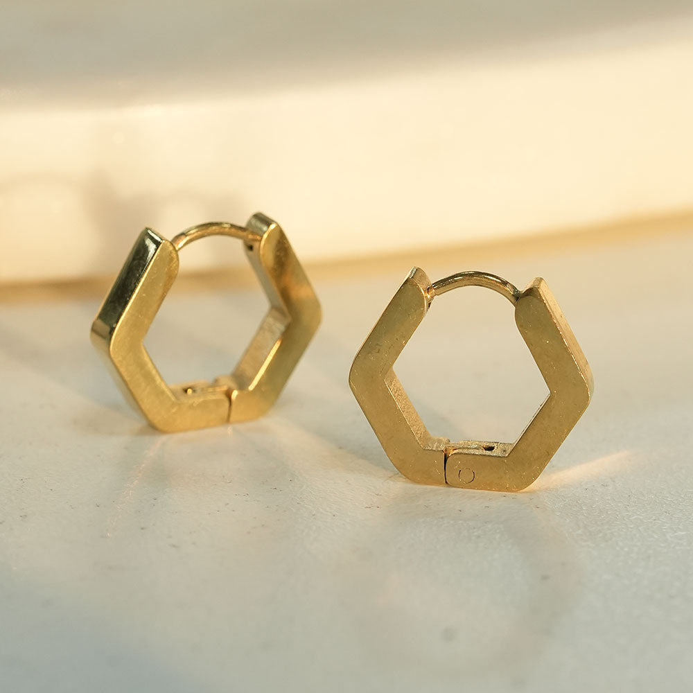Gold Hexagon Huggie Hoop Earrings