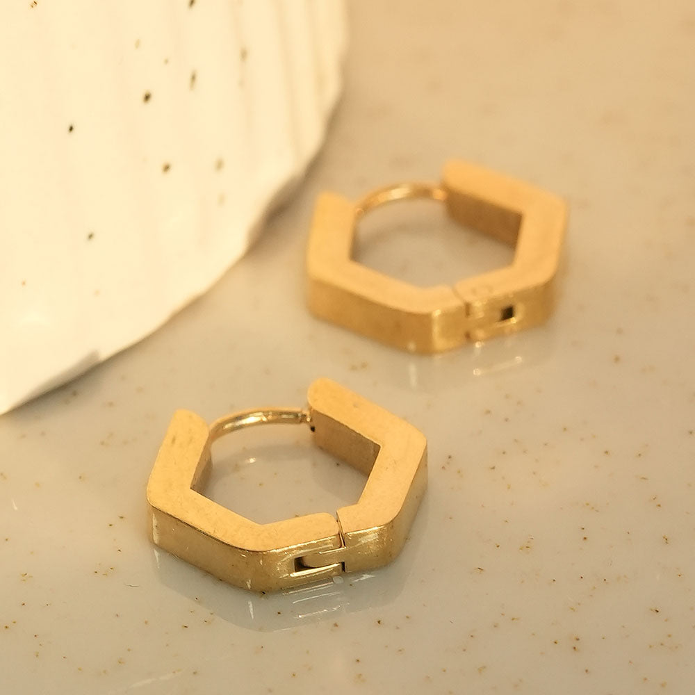 Gold Hexagon Huggie Hoop Earrings
