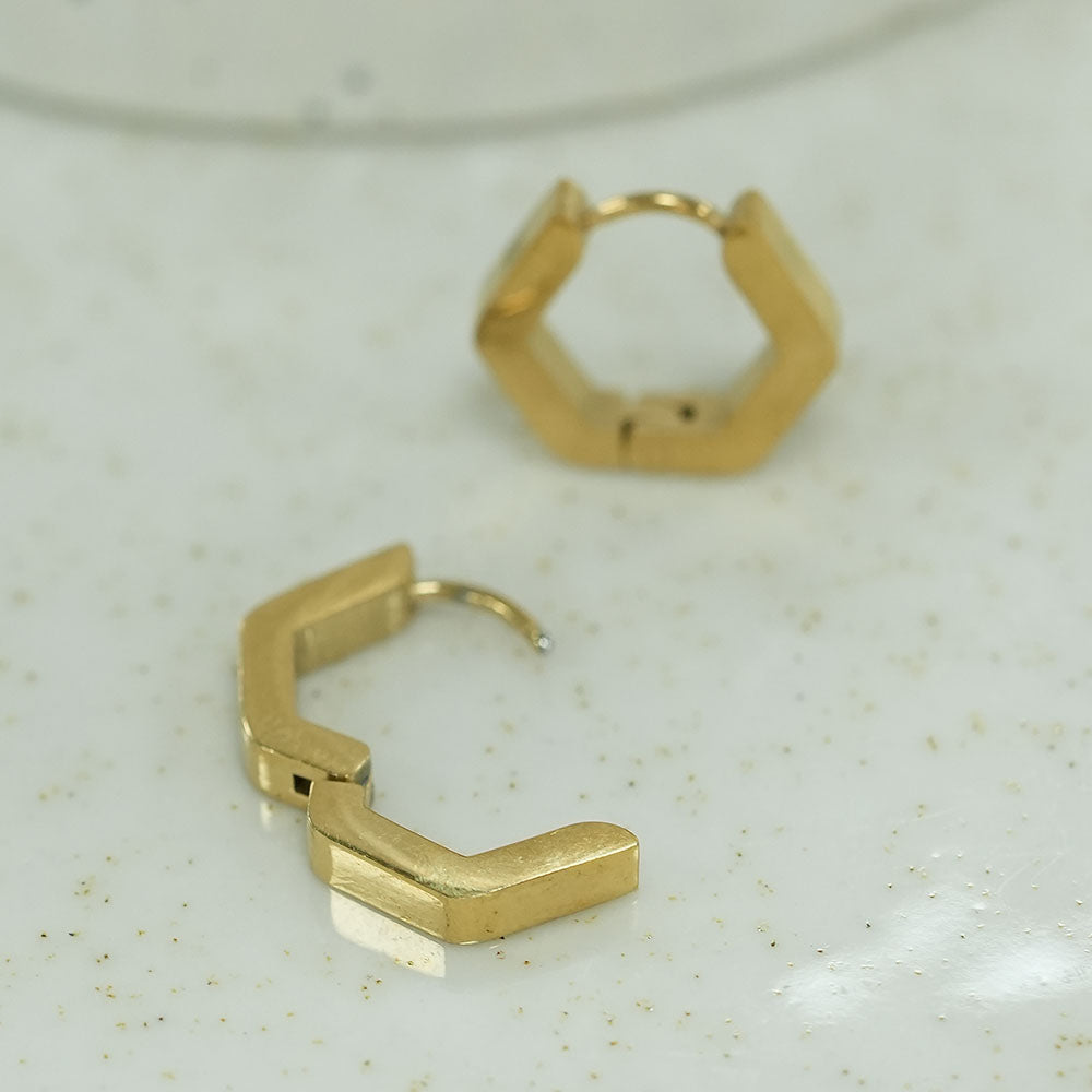 Gold Hexagon Huggie Hoop Earrings