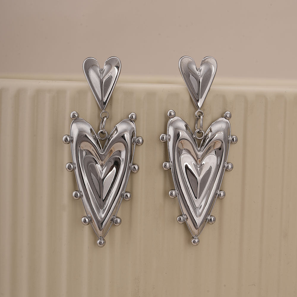 Silver Double Heart Drop Earrings