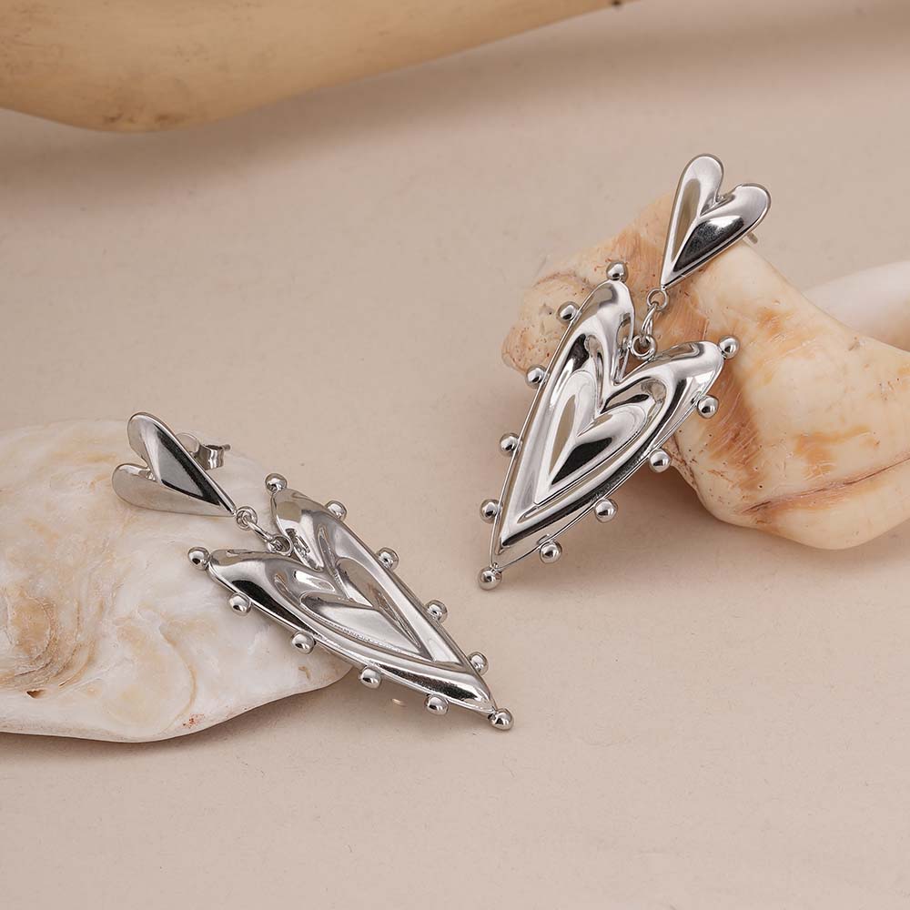 Silver Double Heart Drop Earrings