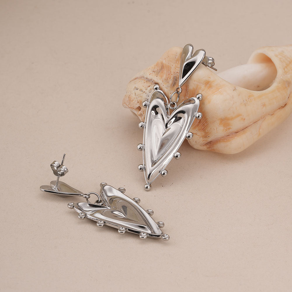 Silver Double Heart Drop Earrings