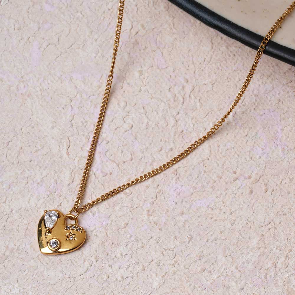 Engraved Heart Lock Necklace with Chain Link