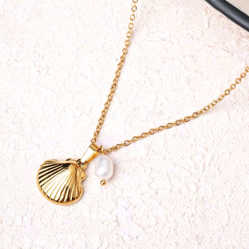 Golden Seashell Pendant with Pearl Drop Necklace