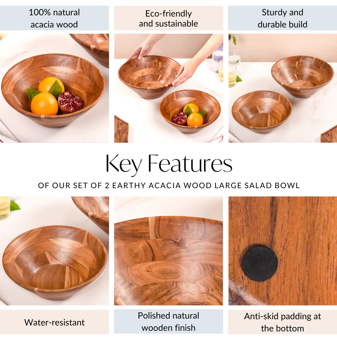 Set Of 2 Earthy Acacia Wood Salad Bowl