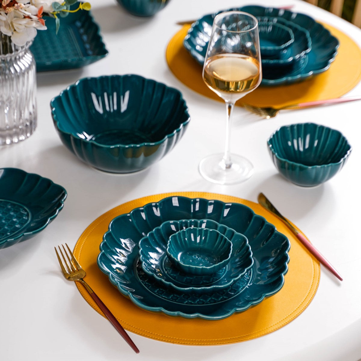 Moroccan Round Ceramic Serving Bowl Dark Green Set Of 2 1200ml
