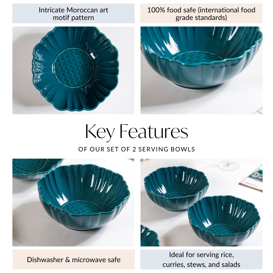 Moroccan Round Ceramic Serving Bowl Dark Green Set Of 2 1200ml