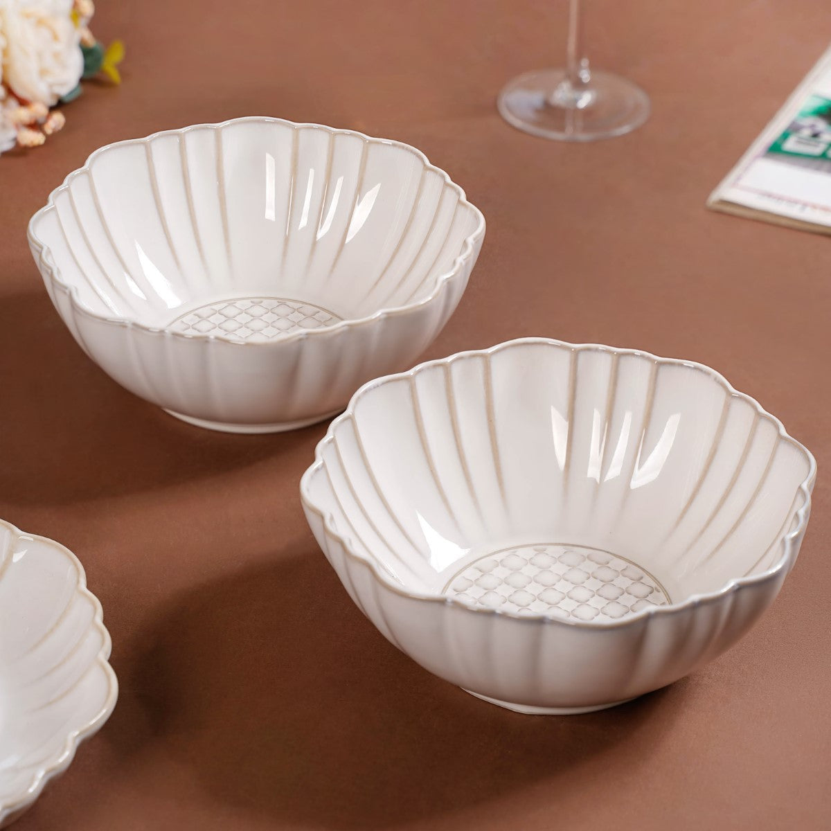 Moroccan Motif Serving Bowl Stoneware Ivory Set Of 2 1200ml