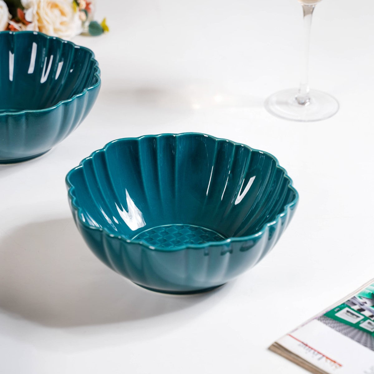 Moroccan Round Ceramic Serving Bowl Dark Green Set Of 2 1200ml