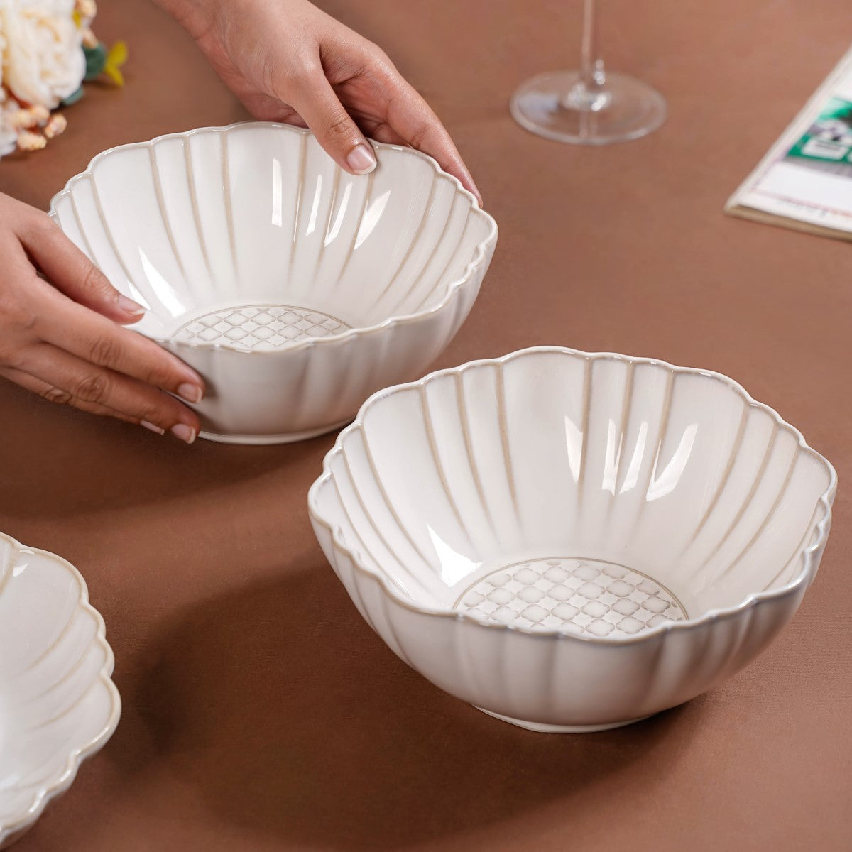 Moroccan Motif Serving Bowl Stoneware Ivory Set Of 2 1200ml