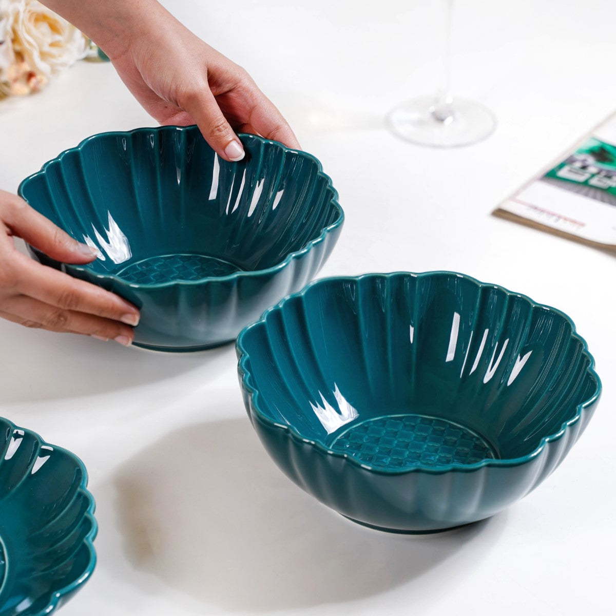 Moroccan Round Ceramic Serving Bowl Dark Green Set Of 2 1200ml