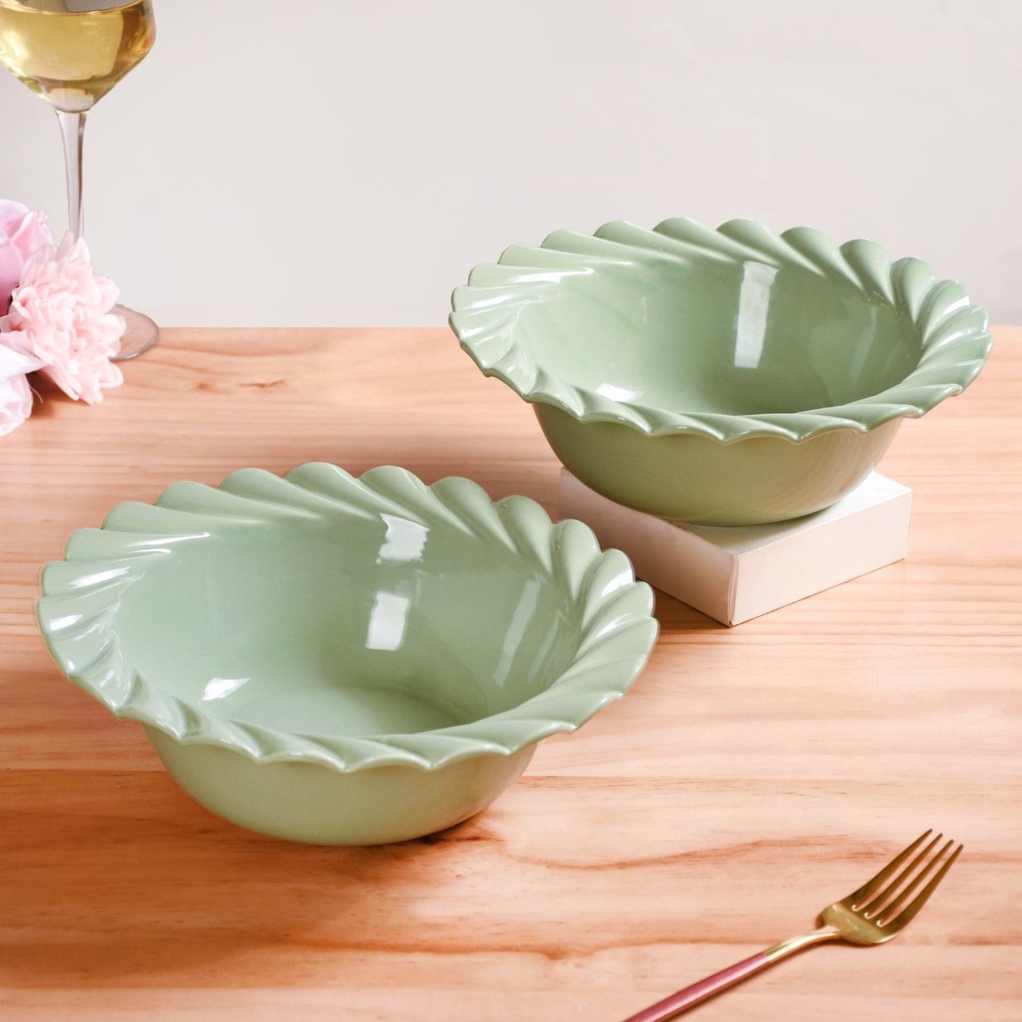 Green Scallop Luxury Serving Bowls Set Of 2 1000ml