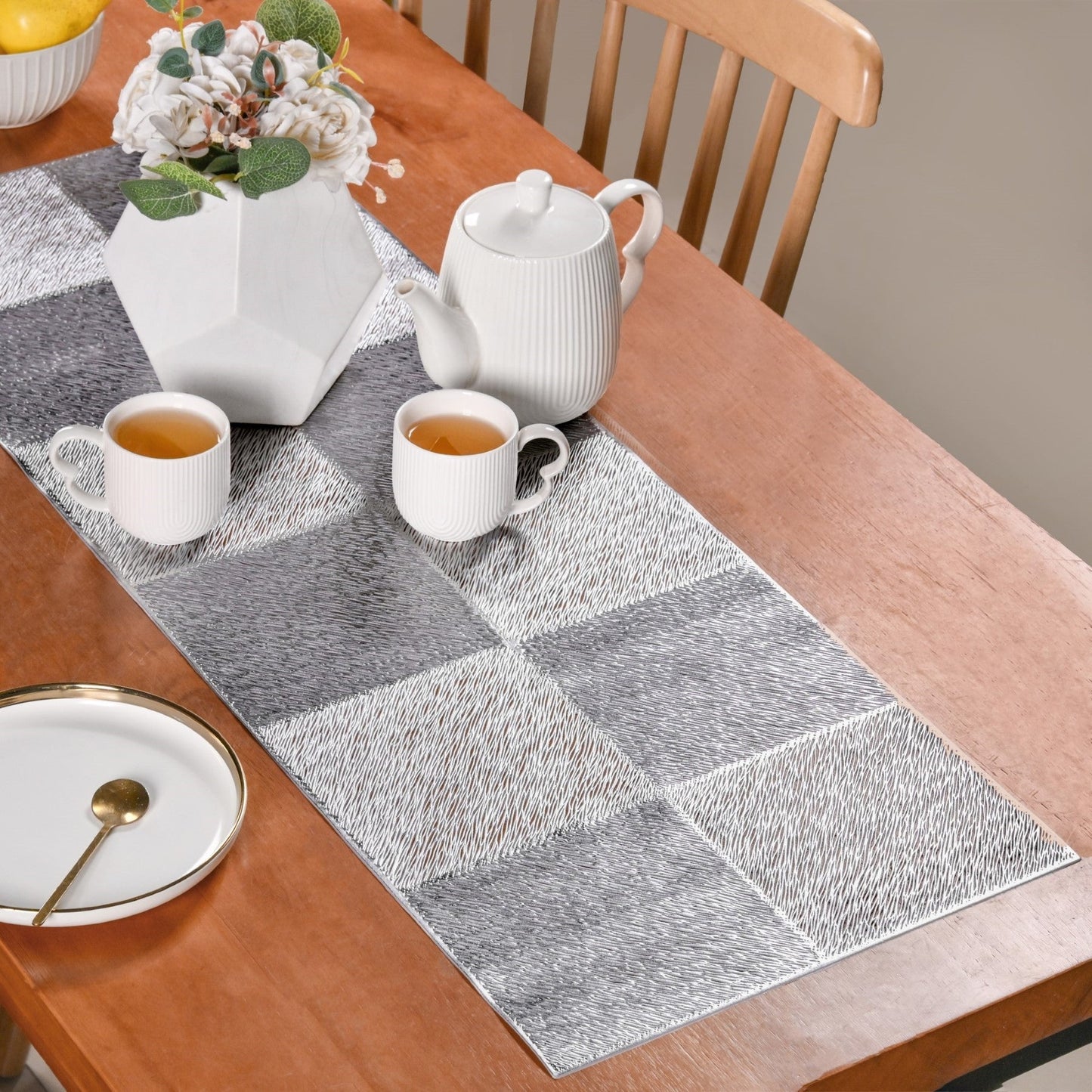 Grid Dining Table Runner Silver Grey 92x35cm