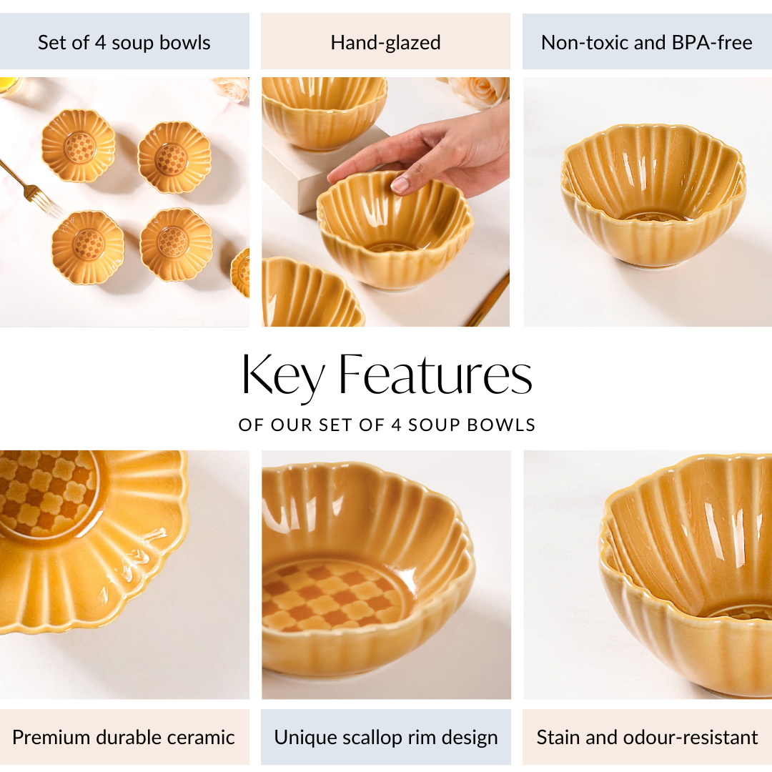 Scallop Rimmed Ceramic Soup Bowl Set Of 4 Yellow Ochre 350ml