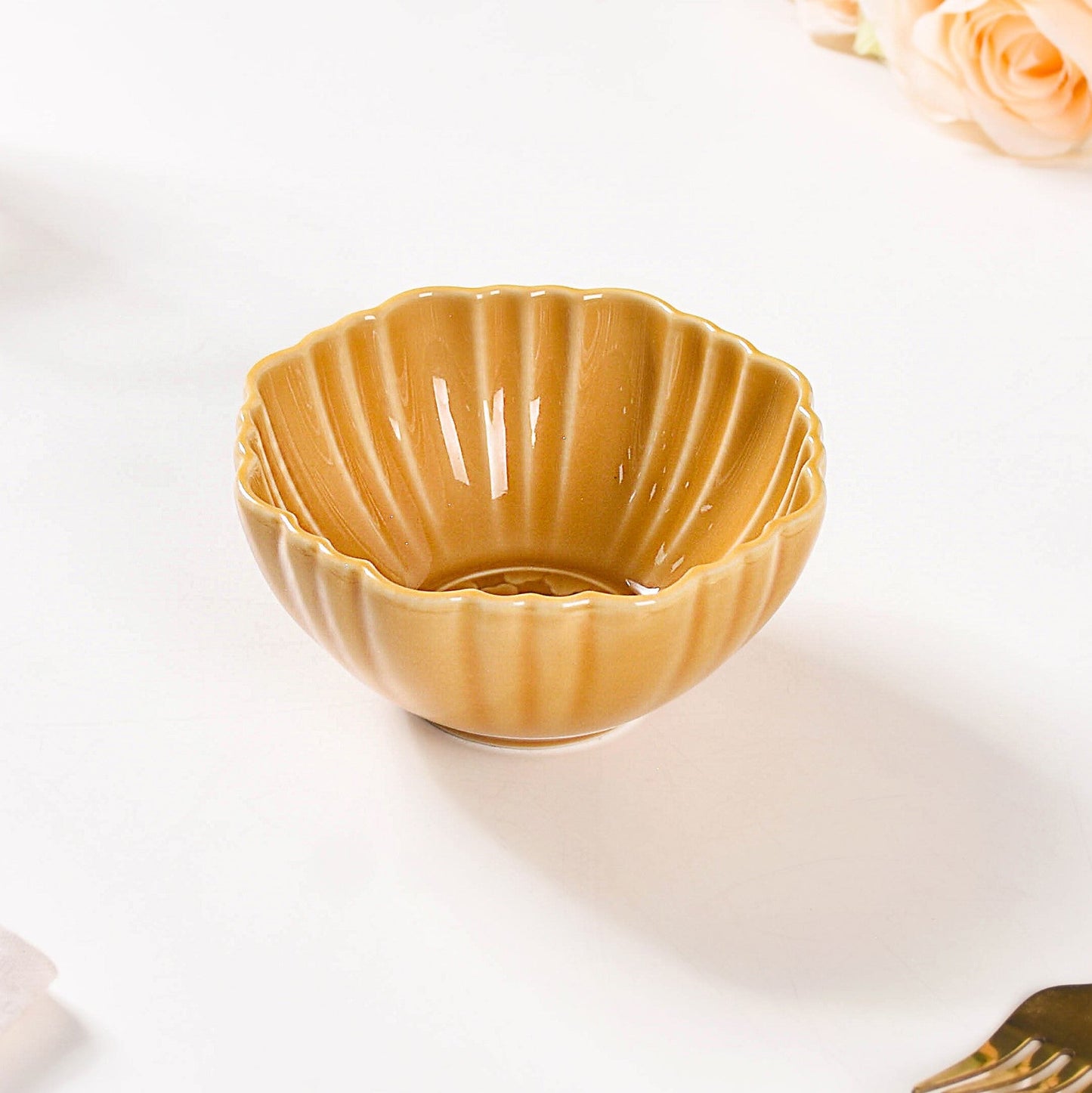 Scallop Rimmed Ceramic Soup Bowl Set Of 4 Yellow Ochre 350ml