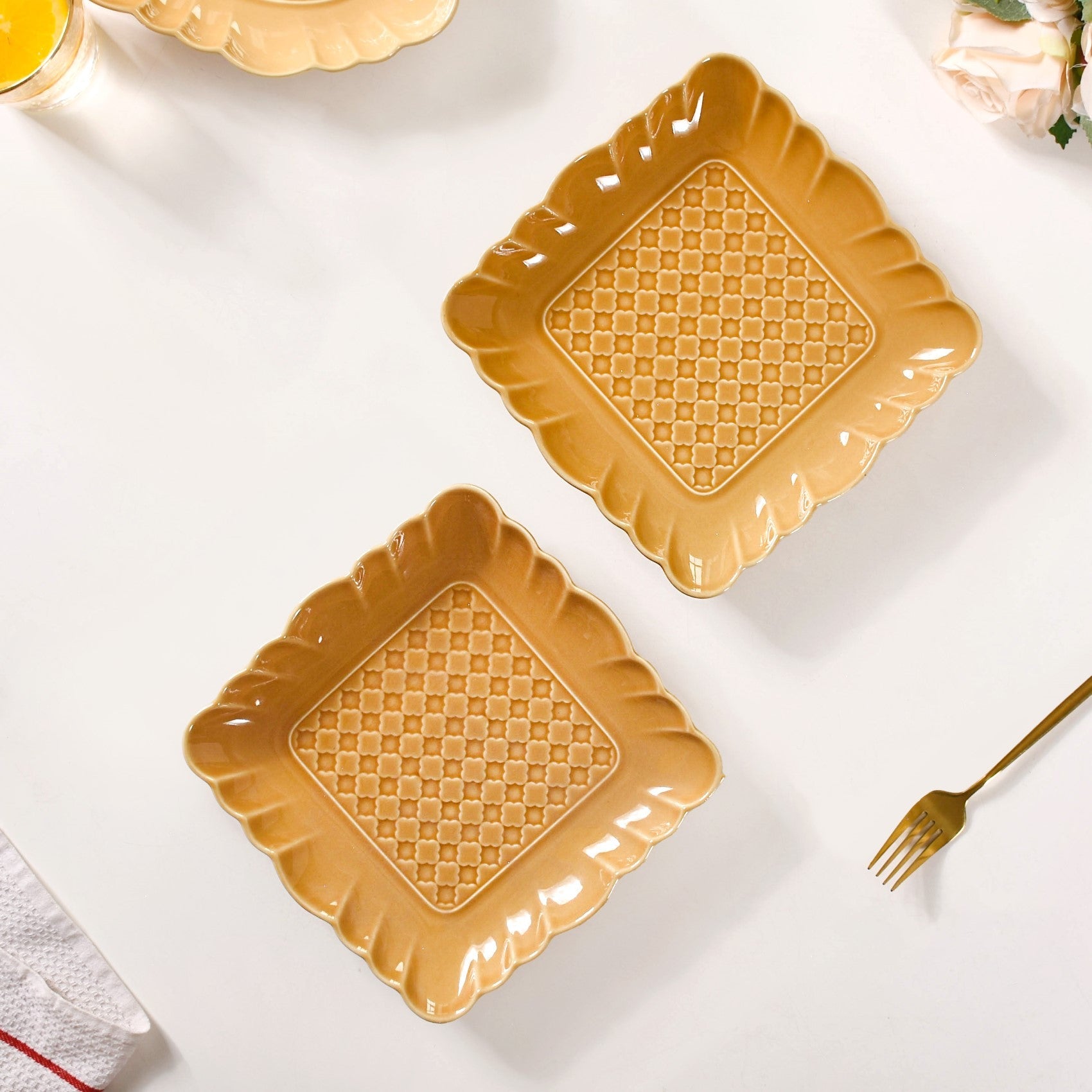 Elegant Scallop Rim Square Platter Set Of 2 Yellow Ochre 8 Inch