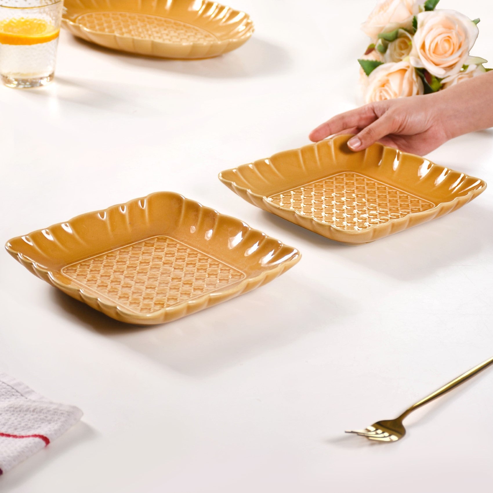 Elegant Scallop Rim Square Platter Set Of 2 Yellow Ochre 8 Inch
