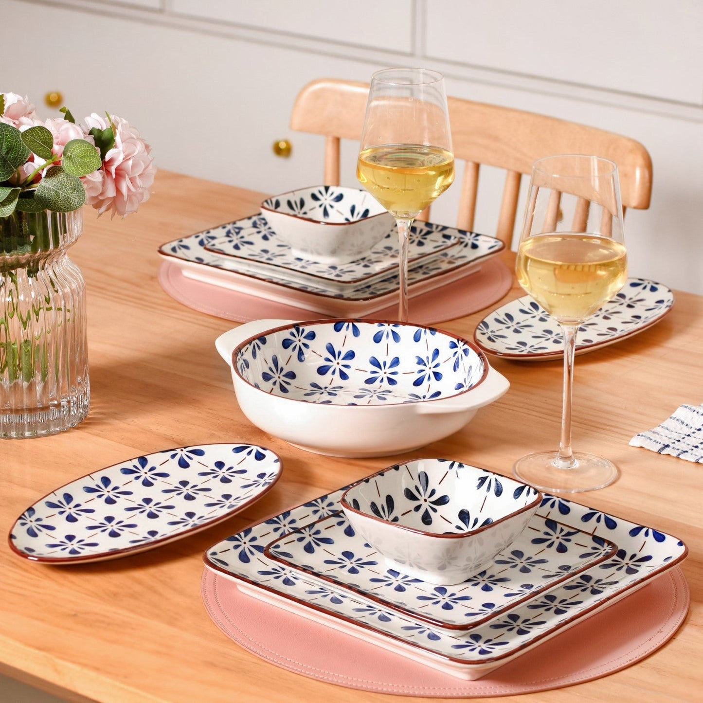 Floral Square Ceramic Bowls Set Of 4 Blue 300ml