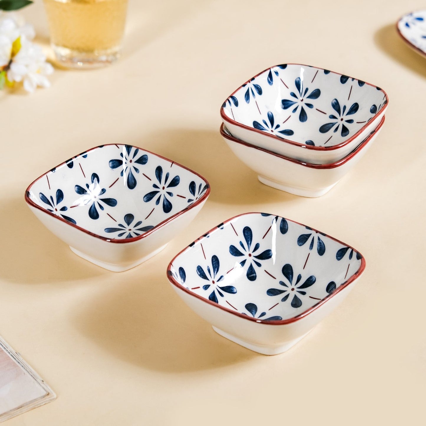 Floral Square Ceramic Bowls Set Of 4 Blue 300ml