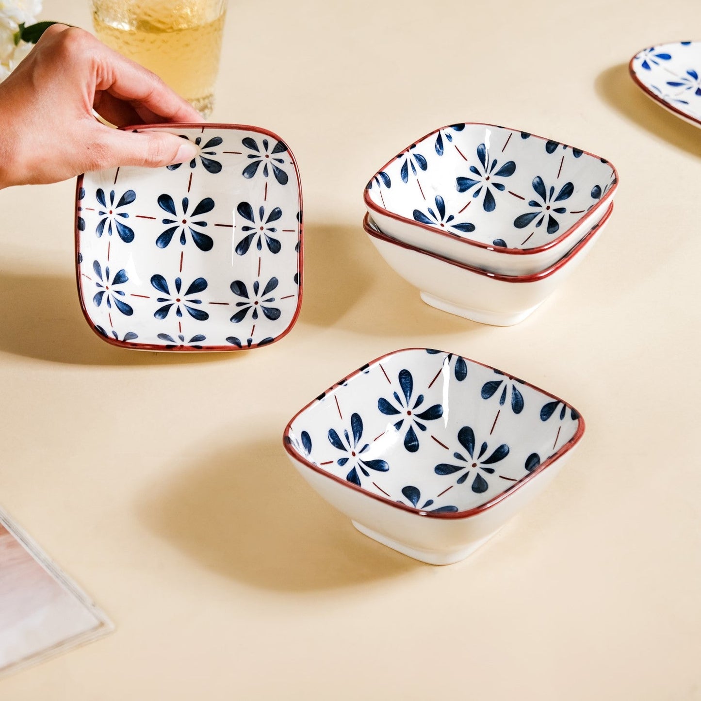 Floral Square Ceramic Bowls Set Of 4 Blue 300ml
