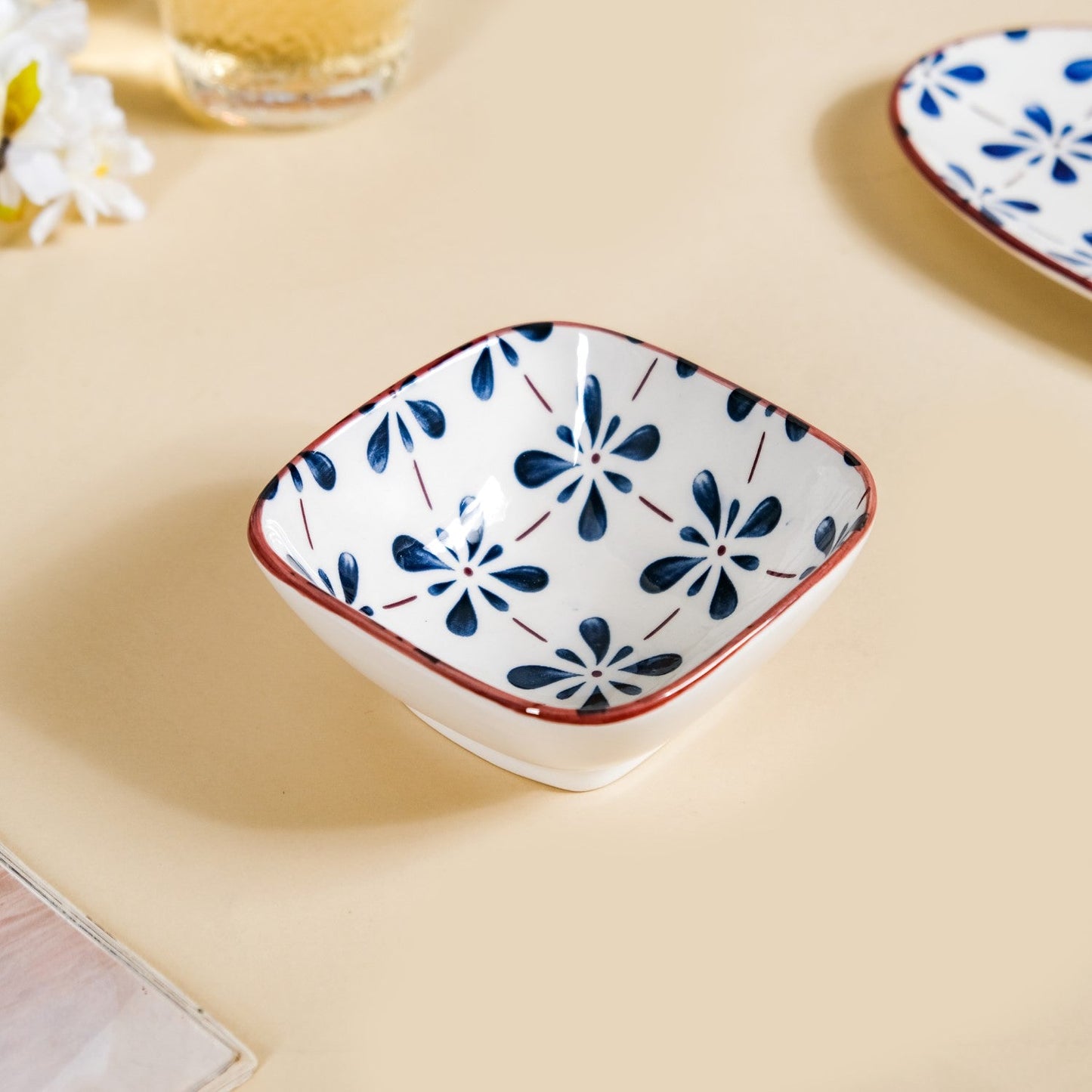 Floral Square Ceramic Bowls Set Of 4 Blue 300ml