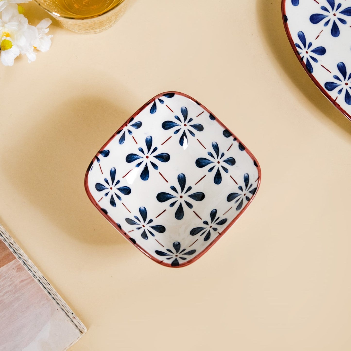 Floral Square Ceramic Bowls Set Of 4 Blue 300ml