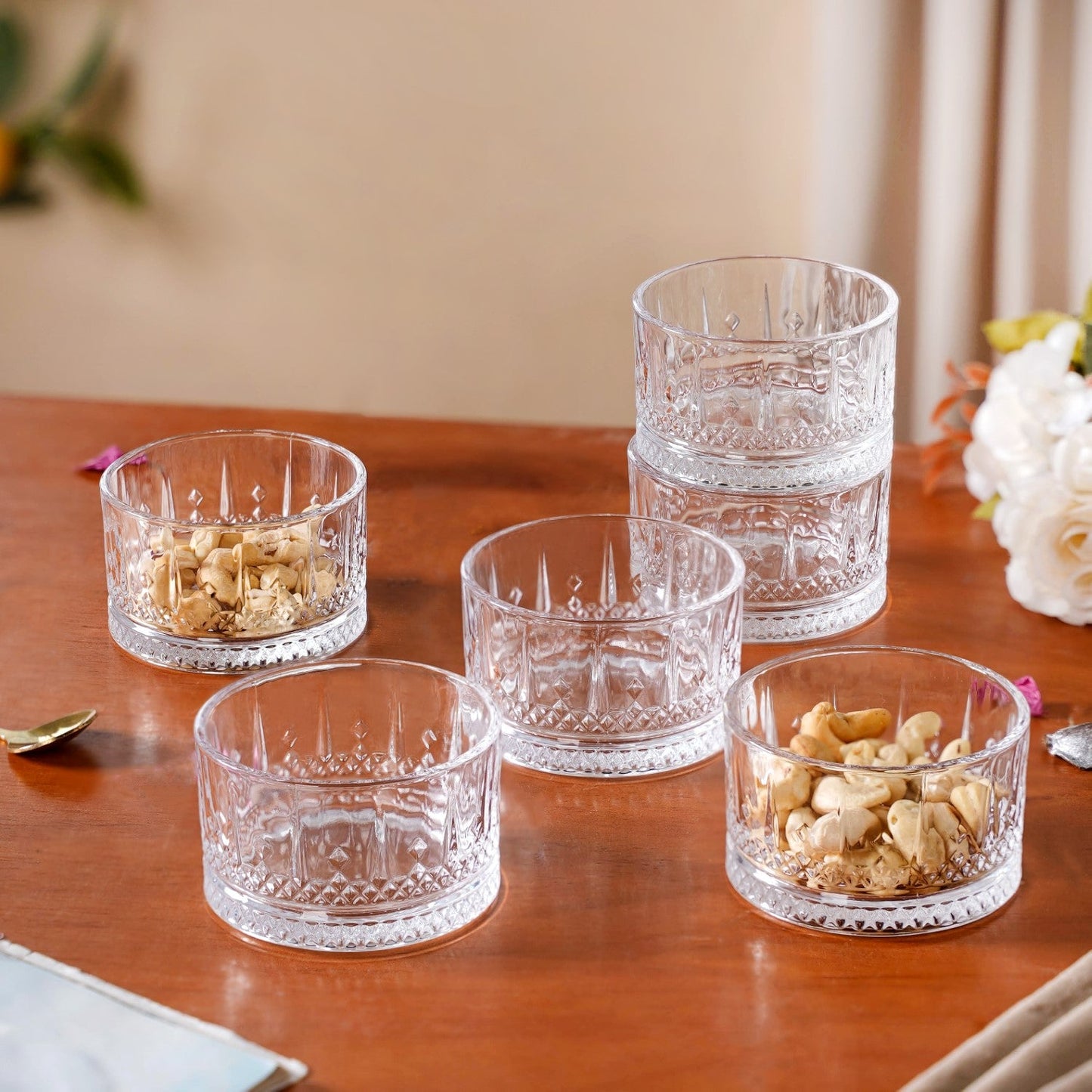 Embossed Glass Snack Bowl Set Of 6 220ml