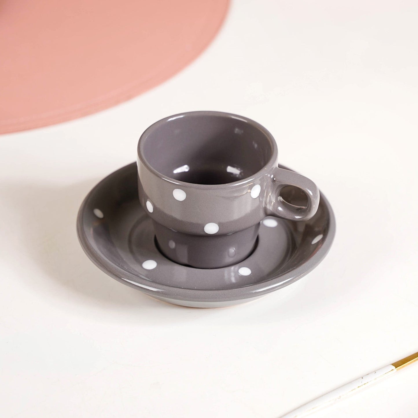 Ceramic Polka Dot Stackable Tea Cup And Saucer Set Of 4 90ml