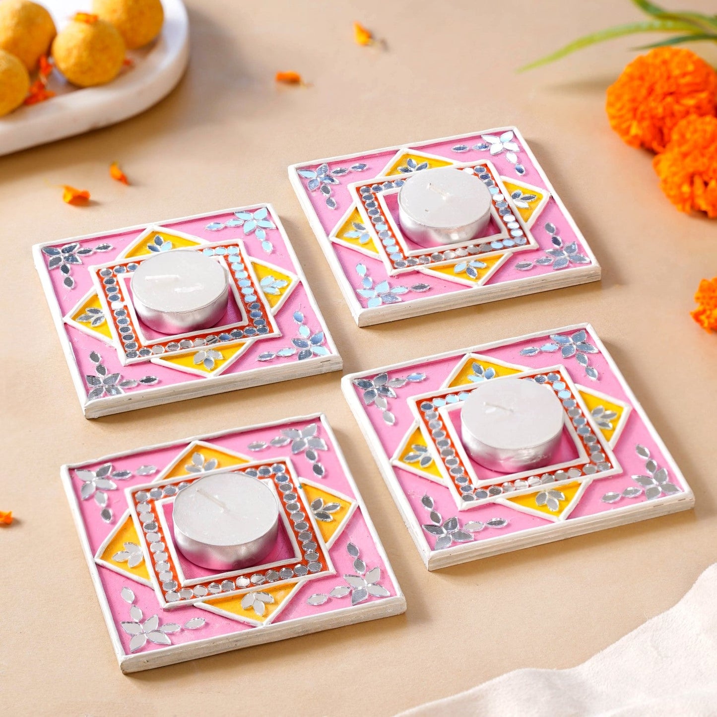 Handcrafted Mirror Work Lippan Art Tealight Candle Holder Set Of 4