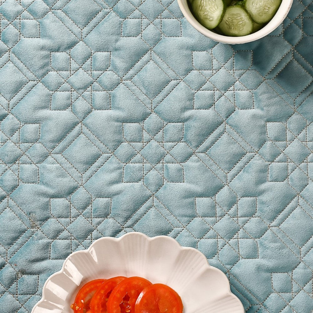 Quilted Aqua Blue Table Cover With Silver Threadwork