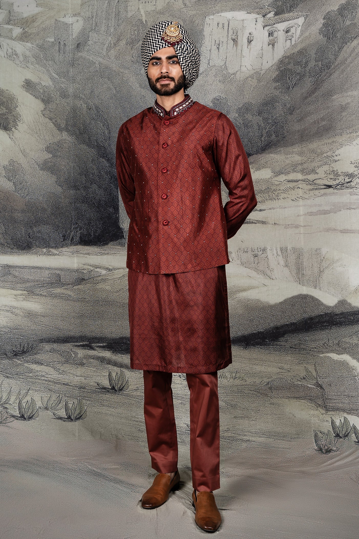 Vintage Red Monochrome Nehru Jacket Set | BARODA