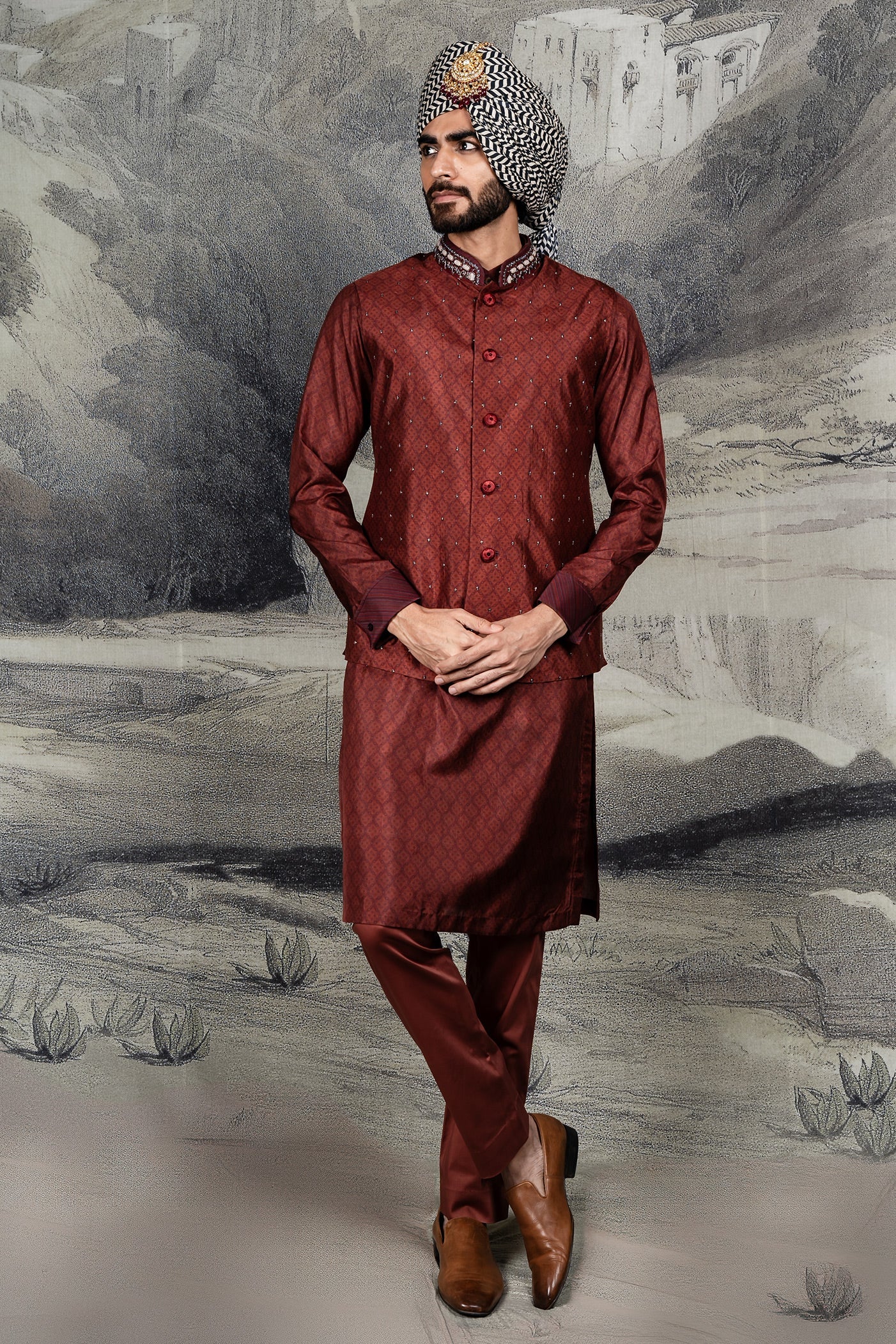 Vintage Red Monochrome Nehru Jacket Set | BARODA