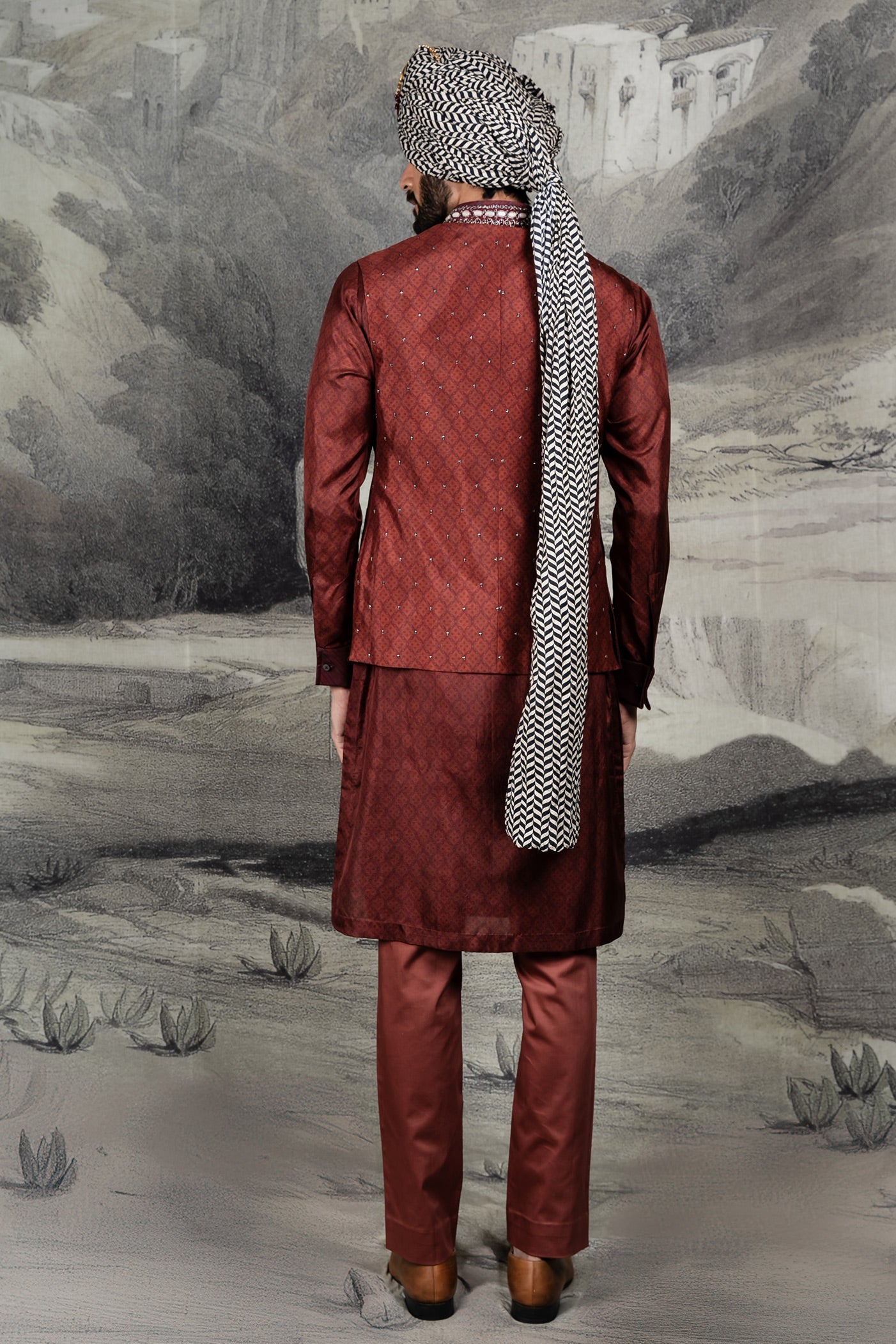 Vintage Red Monochrome Nehru Jacket Set | BARODA