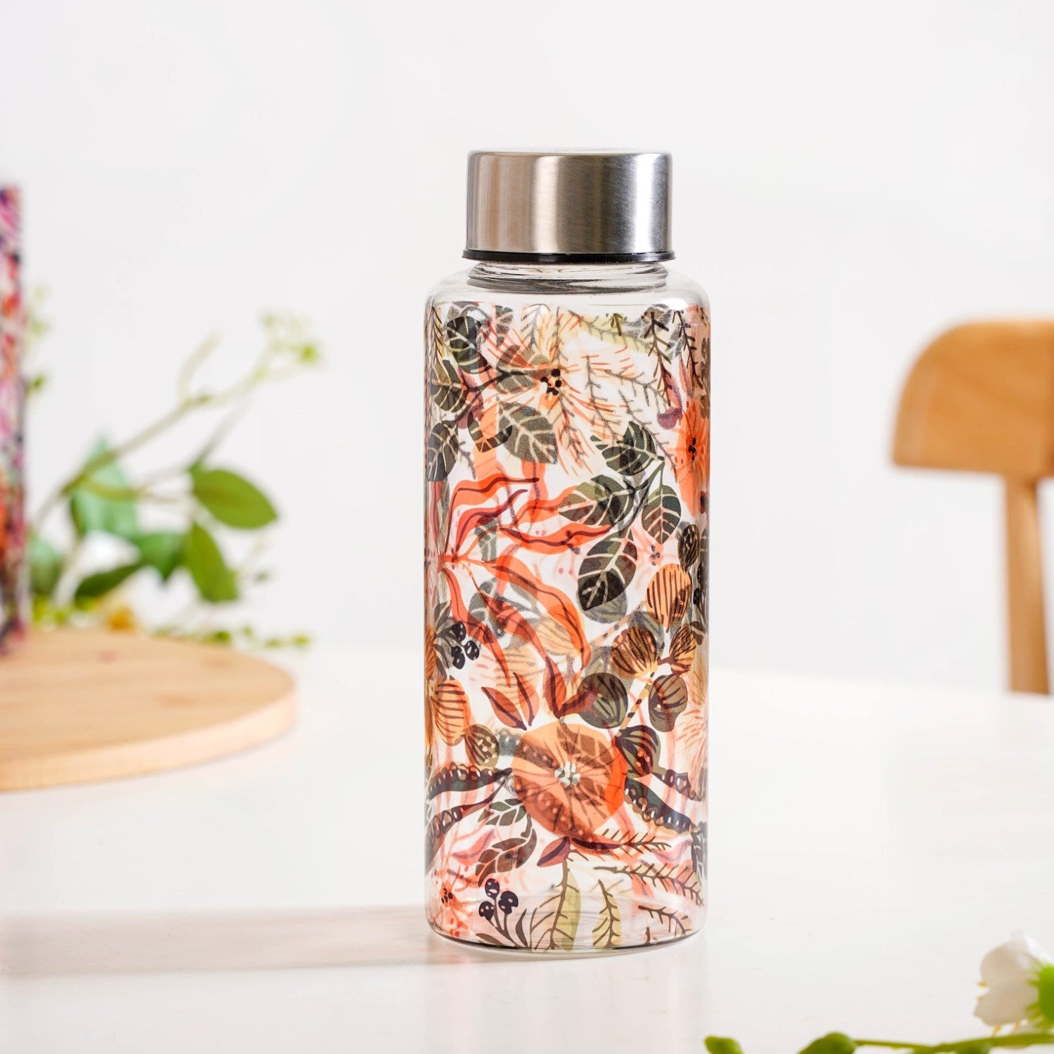 Orange Poppy Printed Leakproof Glass Water Bottle With Stainless Steel Lid 500ml
