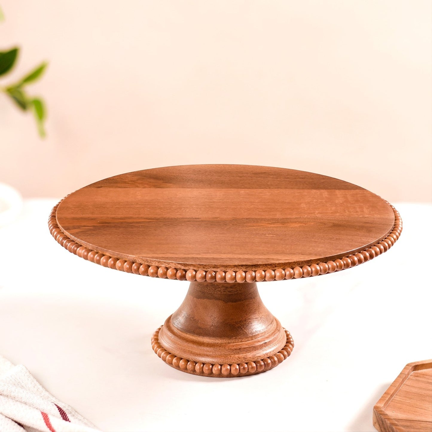 Natural Acacia Wood Beaded Cake Stand 13 Inch