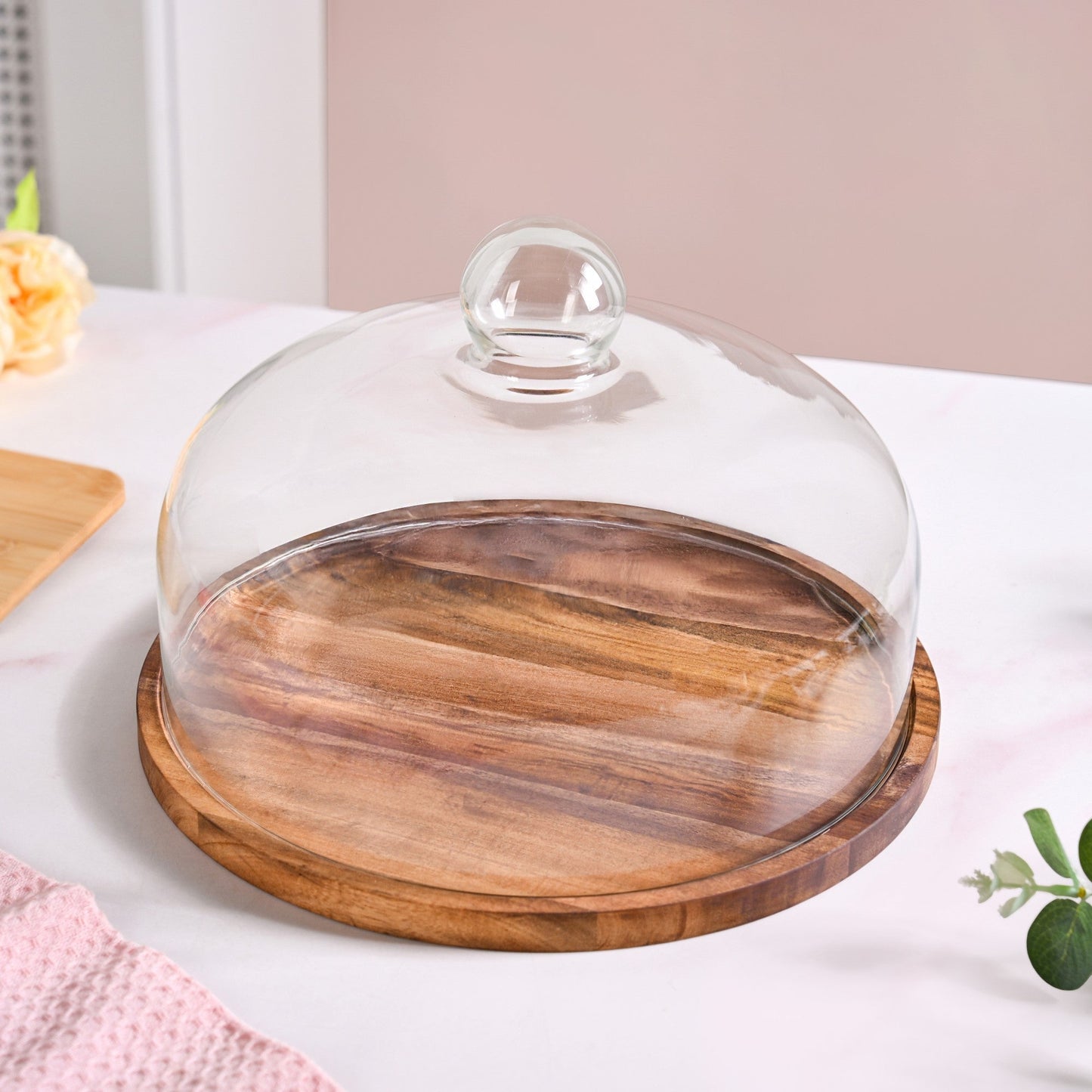 Acacia Wood Dessert Stand With Glass Cloche 26cm