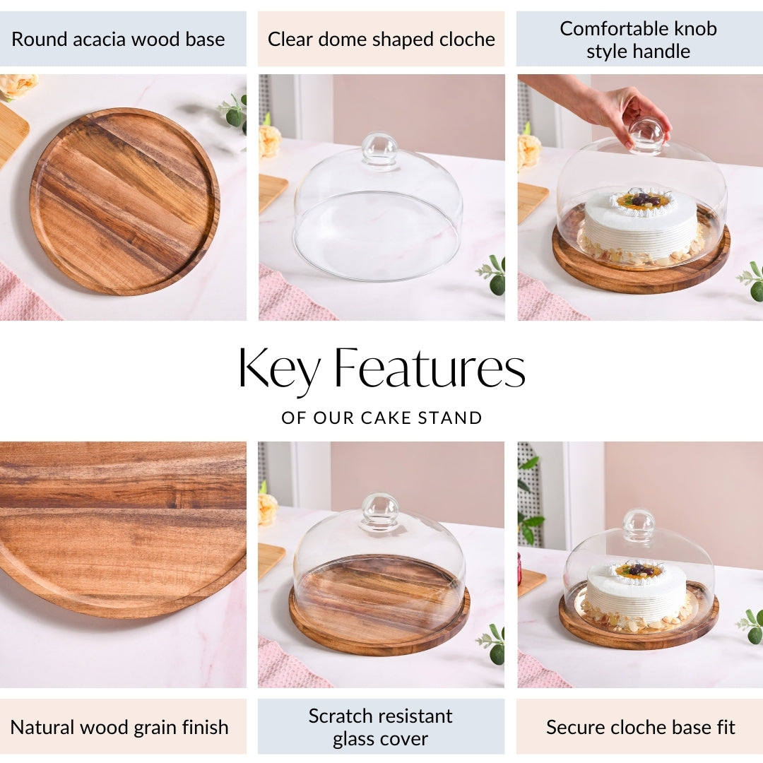 Acacia Wood Dessert Stand With Glass Cloche 26cm