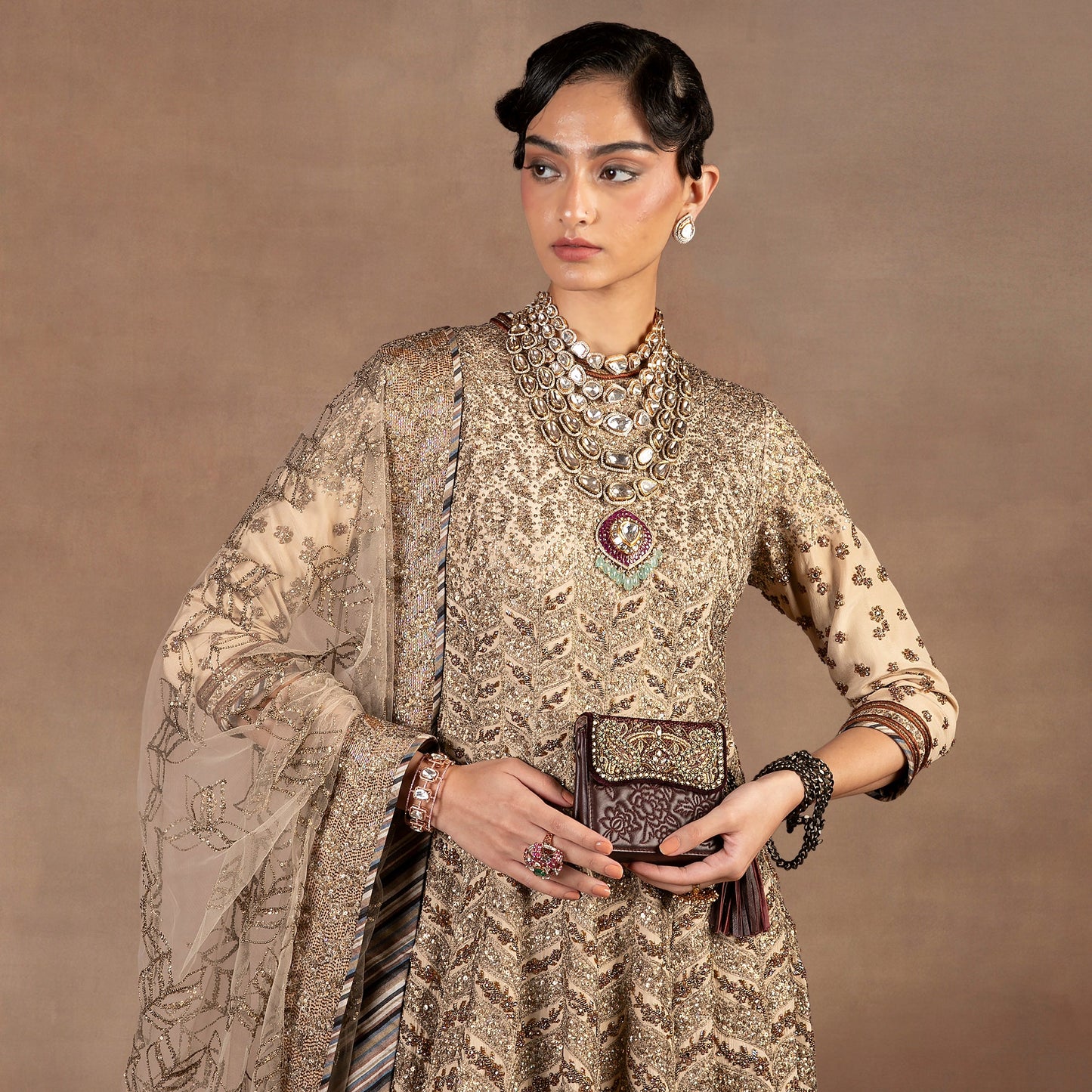 Almond Ivory Chevron Anarkali Set | EAST
