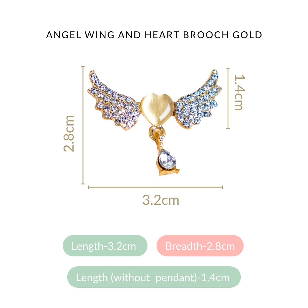 Angel Wing And Heart Brooch Gold